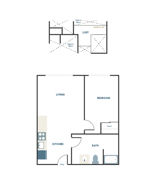 A floor plan of a home with a bedroom, bathroom, and loft.